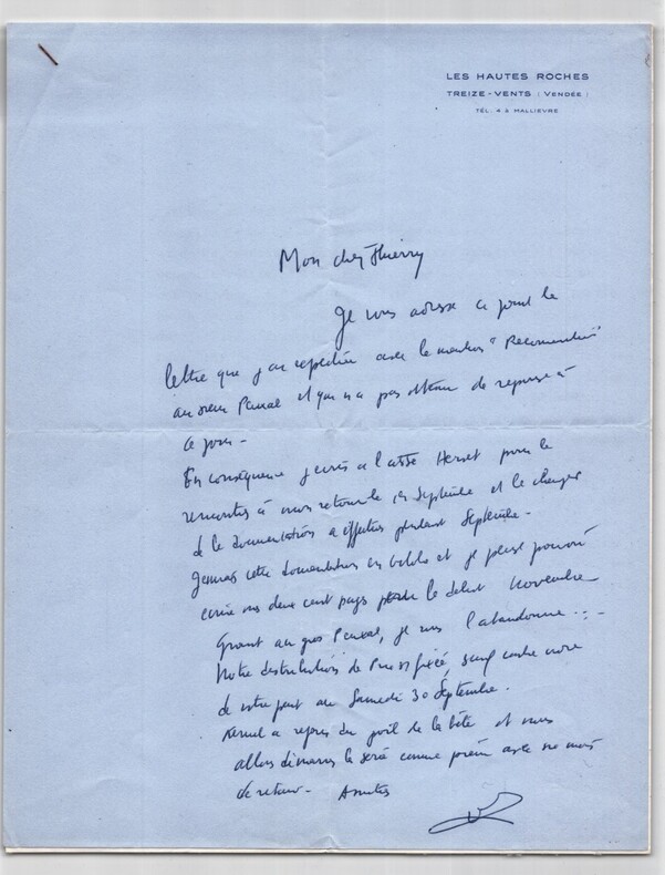 Gilbert Prouteau Lettre autographe sign&eacute;e Thierry Maulnier et une dactylographi&eacute;. Gilbert Prouteau