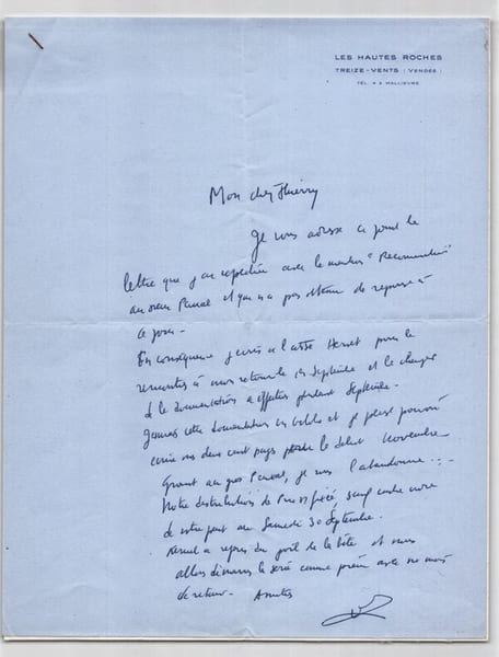 Gilbert Prouteau Lettre autographe sign&eacute;e Thierry Maulnier et une dactylographi&eacute;. Gilbert Prouteau