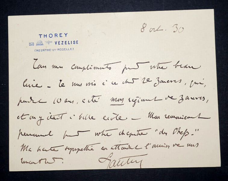 Louis-Hubert LYAUTEY - CARTE-LETTRE AUTOGRAPHE SIGNEE, 1930. Louis-Hubert LYAUTEY