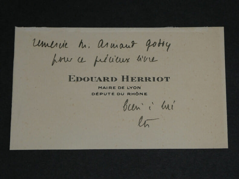 &Eacute;douard Herriot - Carte de visite autographe sign&eacute;e &agrave; A. Godoy. &Eacute;douard Herriot