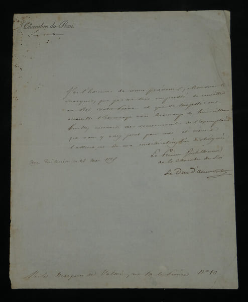 Louis Marie C&eacute;leste d'Aumont - Lettre sign&eacute;e &agrave; Mr le Marquis de Valori - 1821. Louis-Marie-C&eacute;leste d'Aumont