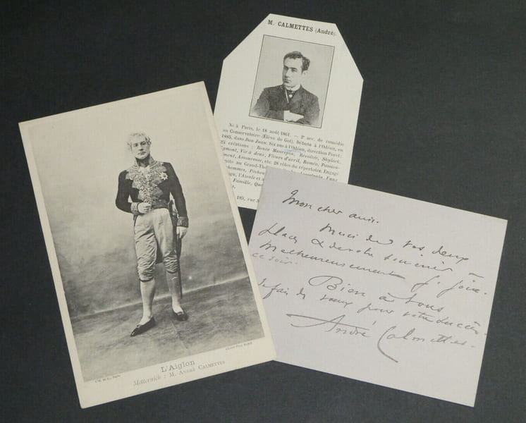 Andr&eacute; CALMETTES - Carte lettre autographe sign&eacute;e, carte postale, coupure de journal. Andr&eacute; CALMETTES