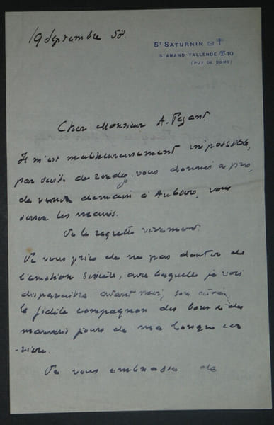 Jacques BARDOUX Lettre Autographe sign&eacute;e, Saint Saturnin, 1958. Jacques BARDOUX