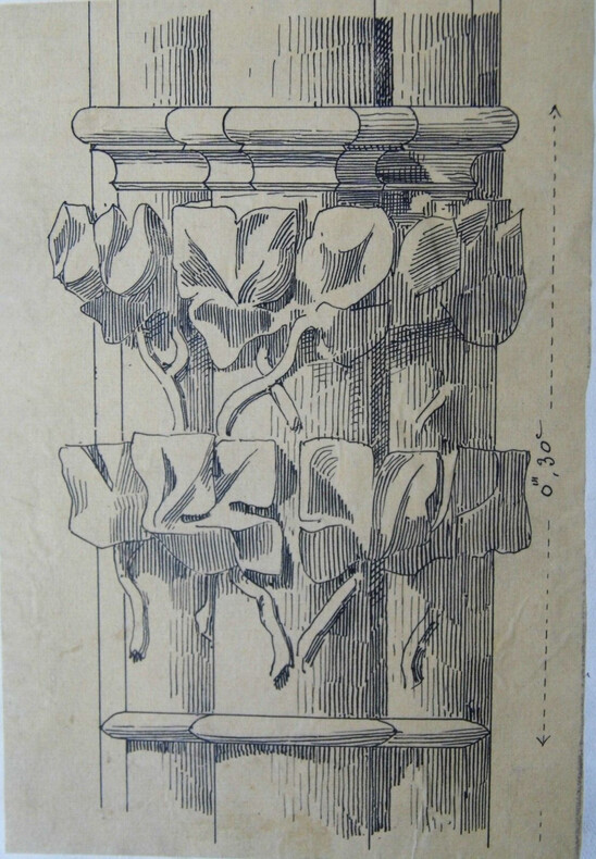 Chapiteaux de colonnettes du XIV&egrave;me - Dessin original sign&eacute;. Louis Henri Laffill&eacute;e