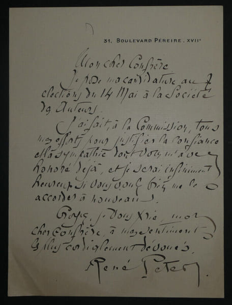 Ren&eacute; PETER, Homme de lettres - LETTRE AUTOGRAPHE SIGN&Eacute;E, Soci&eacute;t&eacute; des auteurs. Ren&eacute; PETER