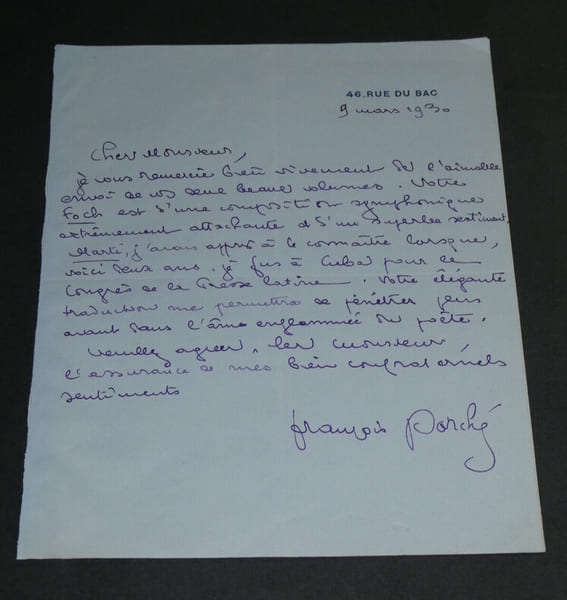 Fran&ccedil;ois Porch&eacute; - Lettre autographe sign&eacute;e &agrave; Armand Godoy - Foch - 1930. Fran&ccedil;ois Porch&eacute;