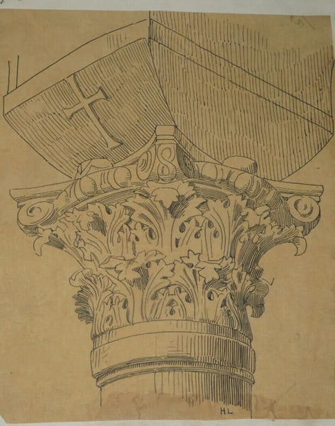 Dessin original sign&eacute; — Chapiteau de Saint-Apollinaire &agrave; Ravenne, VIIe si&egrave;cle. Louis Henri Laffill&eacute;e