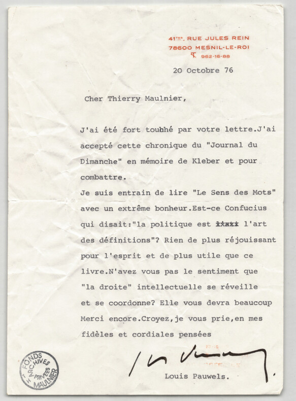 Louis Pauwels - Lettre autographe tapuscrit chronique "Journal du Dimanche" 1976. Louis Pauwels