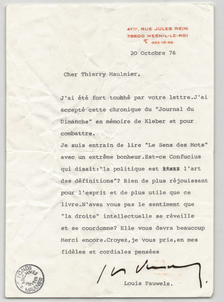 Louis Pauwels - Lettre autographe tapuscrit chronique "Journal du Dimanche" 1976. Louis Pauwels
