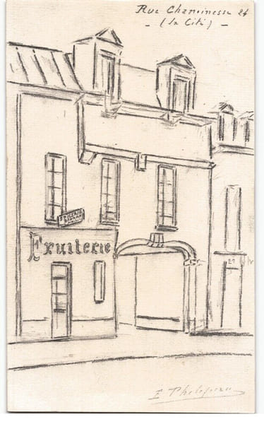 Dessin au crayon, 24 rue Chamoinesse, Paris, par E. Phelipeau sign&eacute; ann&eacute;es 20. E. Phelipeau