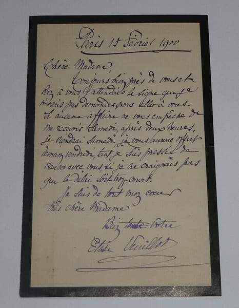 Lettre autographe sign&eacute;e en date du 15 f&eacute;vrier 1900. Elise VEUILLOT