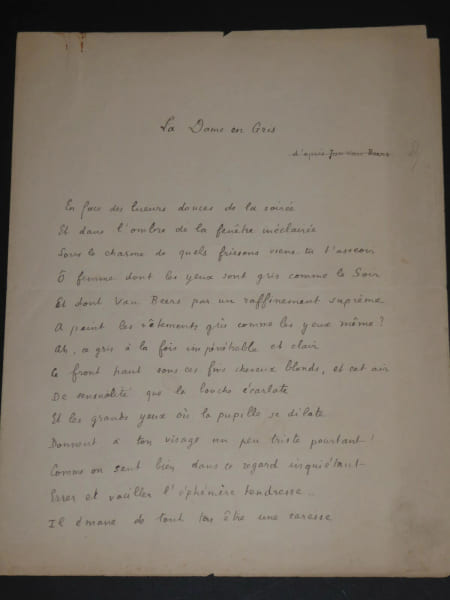 HENRY BERENGER POEME AUTOGRAPHE SIGNE LA DAME EN GRIS D'APRES JAN VAN BEERS. Henry B&eacute;renger