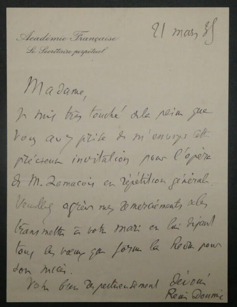 Ren&eacute; DOUMIC - LETTRE AUTOGRAPHE SIGN&Eacute;E &agrave; Mme ZAMACO&Iuml;S, 1938. Ren&eacute; Doumic