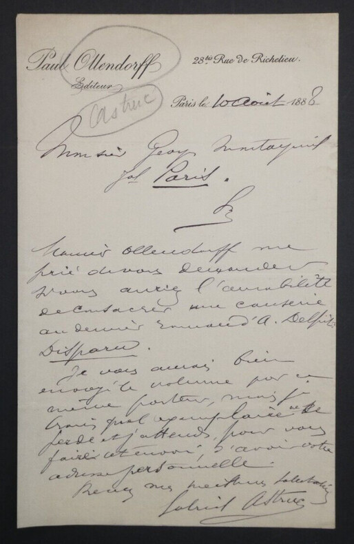 Gabriel ASTRUC, Journaliste - LETTRE AUTOGRAPHE SIGN&Eacute;E, Paris, 1888. Gabriel ASTRUC