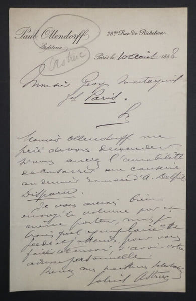 Gabriel ASTRUC, Journaliste - LETTRE AUTOGRAPHE SIGN&Eacute;E, Paris, 1888. Gabriel ASTRUC