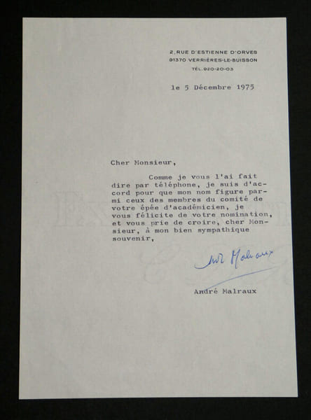 Andr&eacute; Malraux, Ecrivain - Lettre dactylographi&eacute;e sign&eacute;e, Verri&egrave;res-le-Buisson, 5 d&eacute;cembre 1975. Andr&eacute; MALRAUX