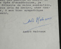Andr&eacute; Malraux, Ecrivain - Lettre dactylographi&eacute;e sign&eacute;e, Verri&egrave;res-le-Buisson, 5 d&eacute;cembre 1975. Andr&eacute; MALRAUX