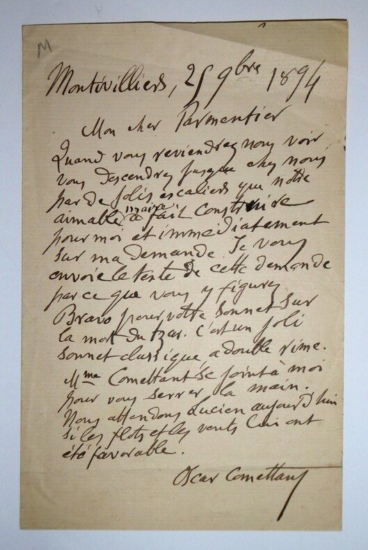 LETTRE AUTOGRAPHE SIGN&Eacute;E &Agrave; Mr PARMENTIER, SONNET, 1894. COMETTANT Oscar