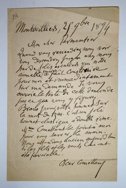 LETTRE AUTOGRAPHE SIGN&Eacute;E &Agrave; Mr PARMENTIER, SONNET, 1894. COMETTANT Oscar