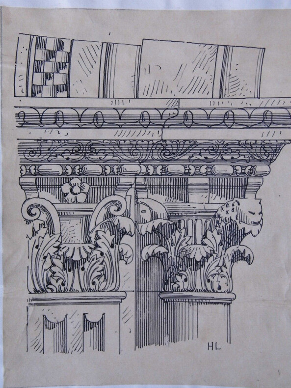 Chapiteaux du portail de Saint-Pierre &agrave; Lyon - Dessin original sign&eacute; de ses initiales, encre vers 1930. Louis Henri Laffill&eacute;e