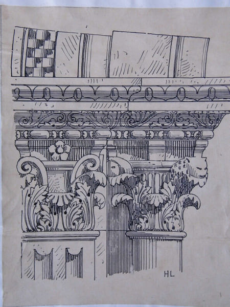 Chapiteaux du portail de Saint-Pierre &agrave; Lyon - Dessin original sign&eacute; de ses initiales, encre vers 1930. Louis Henri Laffill&eacute;e