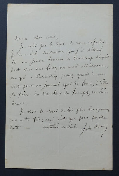 Jules SIMON, Philosophe et homme d'&Eacute;tat - LETTRE AUTOGRAPHE SIGN&Eacute;E. Jules SIMON