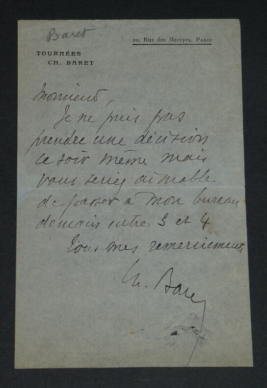 Charles BARET - LETTRE AUTOGRAPHE SIGN&Eacute;E. Charles BARET