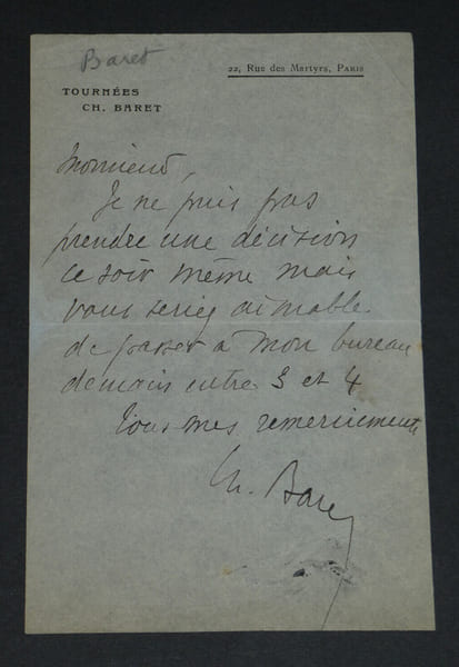 Charles BARET - LETTRE AUTOGRAPHE SIGN&Eacute;E. Charles BARET