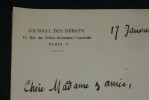 LETTRE AUTOGRAPHE SIGN&Eacute;E, JOURNAL DES DEBATS, PARIS, 1932. Andr&eacute; Bellessort