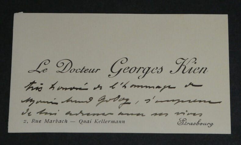 Docteur Georges Kien - Carte de visite autographe sign&eacute;e &agrave; Armand Godoy - 1929. Docteur Georges Kien