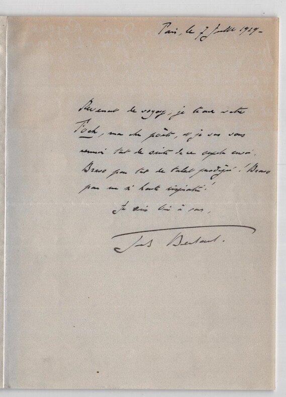 Jules Bertaut - Lettre autographe sign&eacute;e &agrave; Armand Godoy en 1919. Jules Bertaut