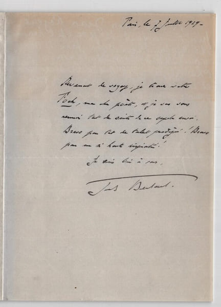 Jules Bertaut - Lettre autographe sign&eacute;e &agrave; Armand Godoy en 1919. Jules Bertaut
