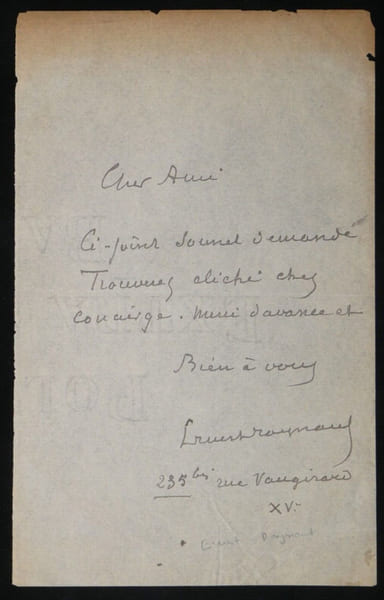 Ernest RAYNAUD - Lettre Autographe Sign&eacute;e "clich&eacute; chez le concierge". Ernest Raynaud