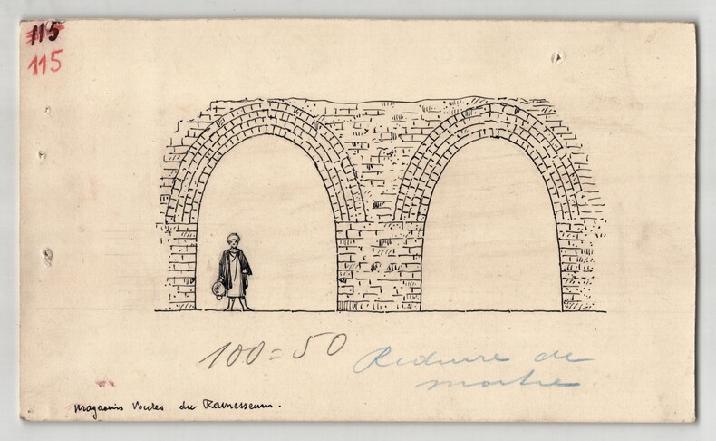 Vo&ucirc;tes des magasins du Ramesseum - Dessin original - vers 1930. Louis Henri Laffill&eacute;e