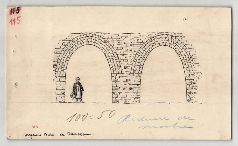 Vo&ucirc;tes des magasins du Ramesseum - Dessin original - vers 1930. Louis Henri Laffill&eacute;e