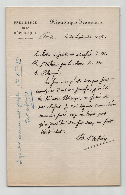 Jules Barth&eacute;lemy Saint Hilaire - Lettre autographe sign&eacute;e - 1872. Jules Barth&eacute;lemy Saint Hilaire