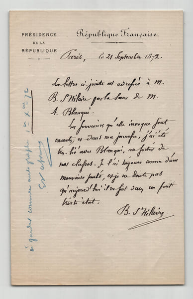 Jules Barth&eacute;lemy Saint Hilaire - Lettre autographe sign&eacute;e - 1872. Jules Barth&eacute;lemy Saint Hilaire