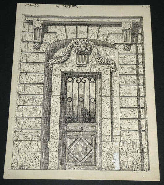 Entr&eacute;e d'une maison rue Charlemagne &agrave; Paris - Dessin original sign&eacute;. Louis Henri Laffill&eacute;e