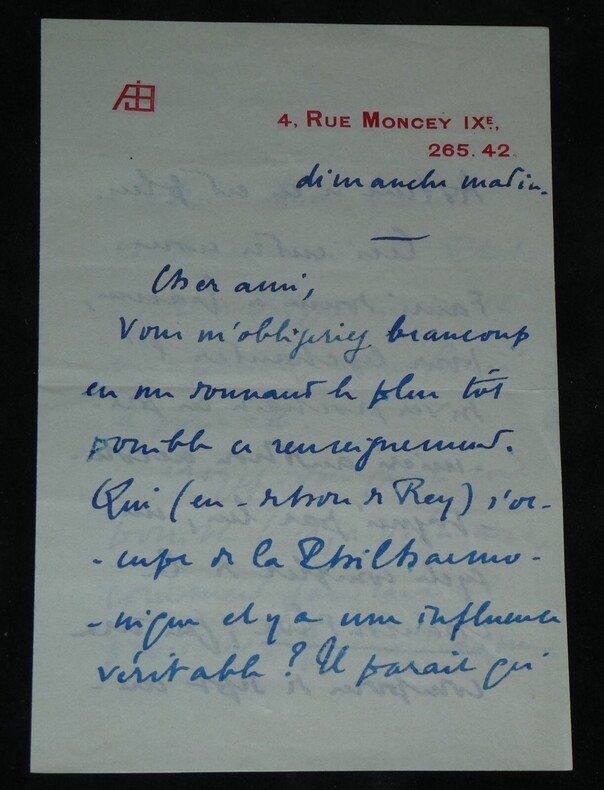 Andr&eacute; Beaunier - Lettre autographe sign&eacute;e sur le Philharmonique la Chanson d'Eve. Andr&eacute; Beaunier