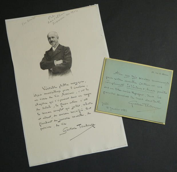 Gustave TOUDOUZE - Carte lettre autographe sign&eacute;e de 1883 et Fac simil&eacute; Publicit&eacute; Vin Mariani 1904. Gustave TOUDOUZE