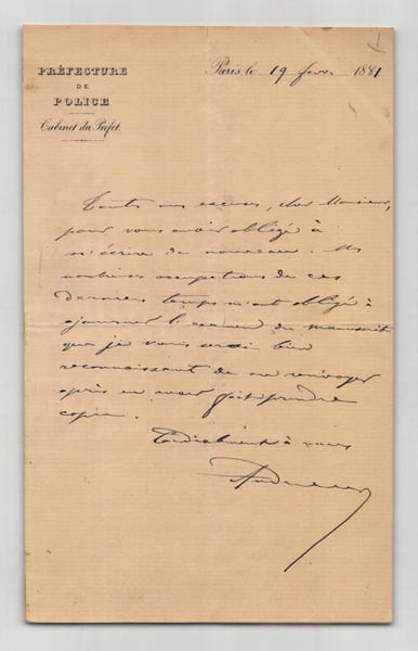 Louis Andrieux - Lettre autographe sign&eacute;e - Pr&eacute;fecture de Police - 1881. Louis Andrieux