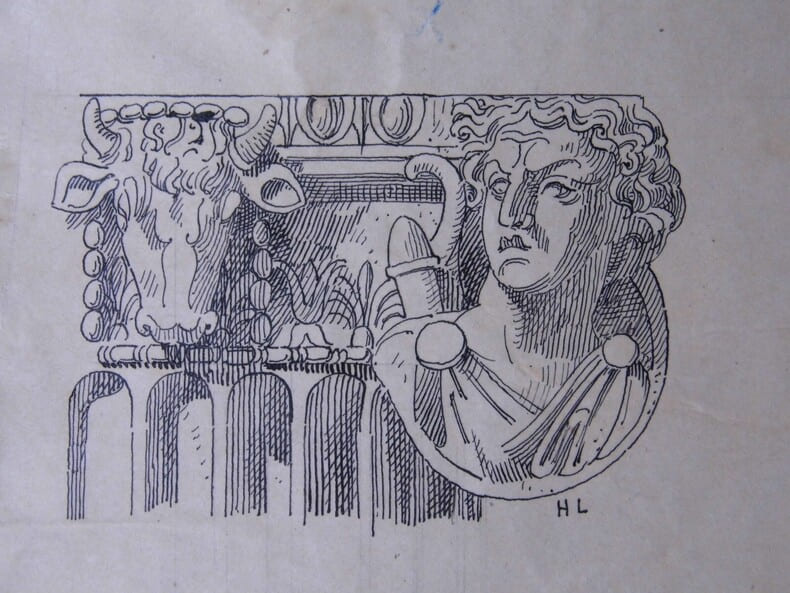 Chapiteau de la fa&ccedil;ade principale du temple d'Apollon, &agrave; Didyme - Dessin original sign&eacute; - Ordre ionique, colonne et chapiteau. Louis Henri Laffill&eacute;e