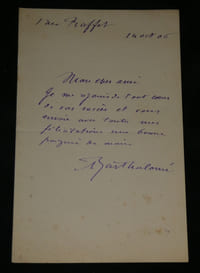 Albert Bartholomé - Lettre autographe signée "Je me réjouis de [...] vos succès"