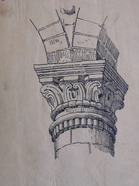 Dessin original sign&eacute; - Chapiteau du narthex de l'&eacute;glise de Saint-Menoux, d'apr&egrave;s Viollet-le-Duc. Louis Henri Laffill&eacute;e