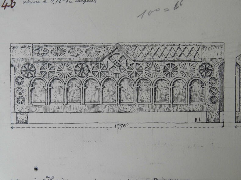 Dessin original sign&eacute; - Pierre tombale du mus&eacute;e de P&eacute;rigueux (XII&egrave;me) - Encre vers 1930. Louis Henri Laffill&eacute;e