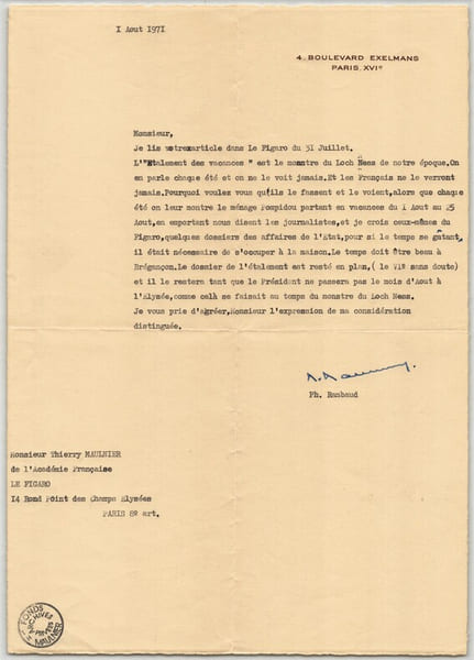 Philippe Rambaud - Lettre dactylographi&eacute;e sign&eacute;e &agrave; Thierry Maulnier - 1971. Philippe Rambaud