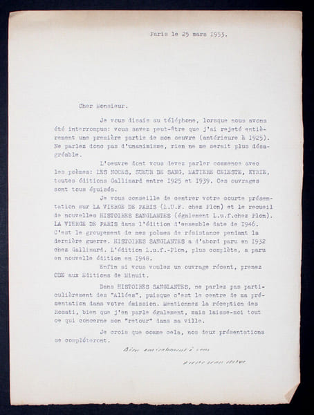 Pierre Jean JOUVE - TAPUSCRIT SIGN&Eacute;, 1953. Pierre Jean JOUVE