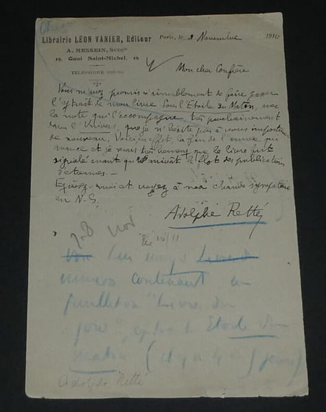 Adolphe RETT&Eacute; - Lettre autographe sign&eacute;e, 8 novembre 1910, Paris. Adolphe RETT&Eacute;
