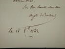 Comte Auguste DE BASTARD D'ESTANG - Lettre autographe sign&eacute;e, 1843. Auguste de Bastard d'Estang