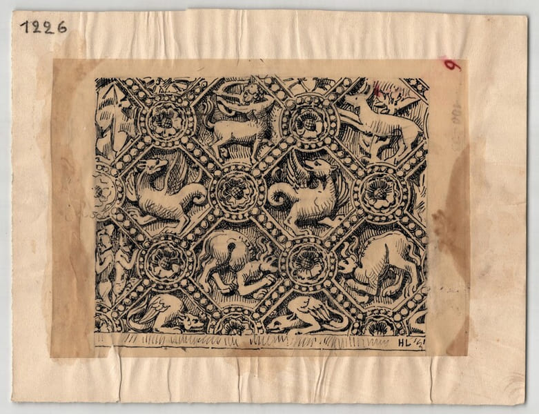 Dessin original - Soubassement de la porte rouge de Notre-Dame de Paris, vers 1930. Louis Henri Laffill&eacute;e